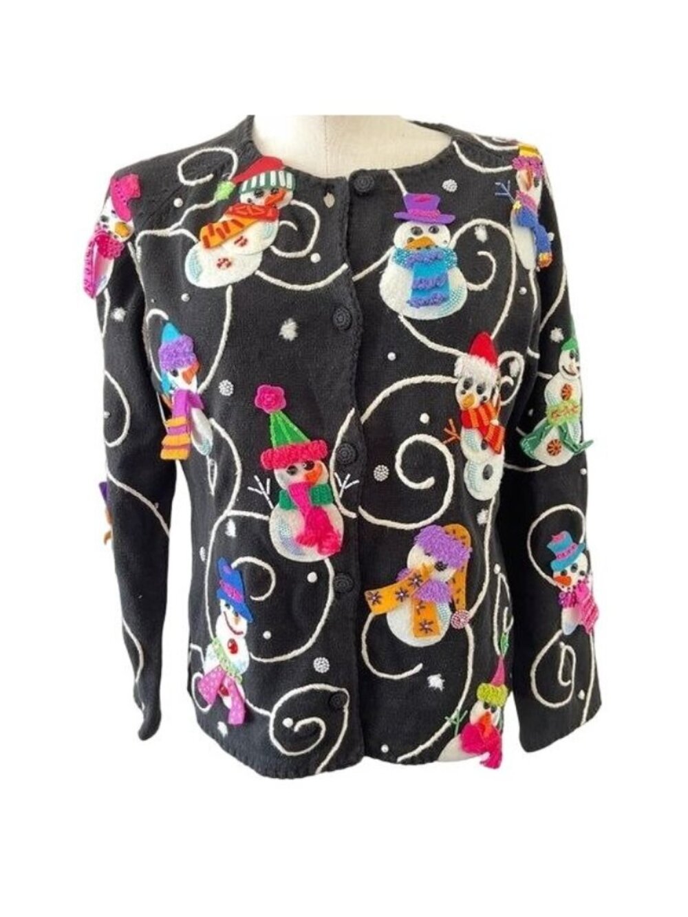 Michael Simon Cardigan Snowman Beaded Christmas Art Holiday Sweater Sz Small VTG